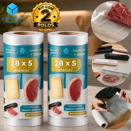 2 Rolo Para Embalagem 28cm Com Ranhura Gofrada Bobina Estriada Para Seladora a Vacuo Domestica 5 Metros Saco Plastico Transparente Gofrado Para Selar e Conservar Alimentos Kajamaq
