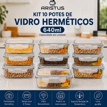 Kit 10 Potes Vidro Hermético Aristus 640ml Marmita Anti Vazamento Forno Micro-ondas Freezer Tampa 4 Travas - Cinza