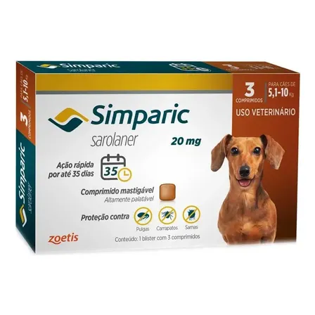 Simparic Zoetis Cão 5 A 10 Kg Antipulgas Carrapatos 3 Comprimidos