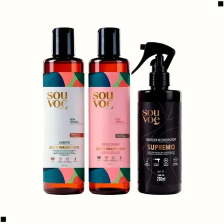 Kit Reconstrução Eficaz Shampoo Condicionador Acido Hialurônico Booster Reconstrutor Supremo Tratamento Capilar Limpeza Hidratação Recuperação Profunda Para Os Cabelos Sou Voe