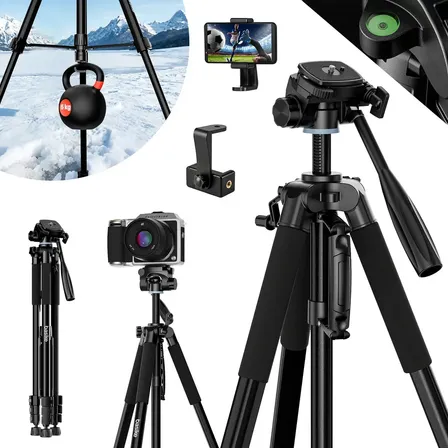 190cm Tripé Câmera Profissional Basike para Câmera e Celular – Cabeça 3 Vias 630° Panorâmico, Nível Bolha, Bolsa de Transporte,suporte de Celular – Ideal para Fotografia, Live, Vlog