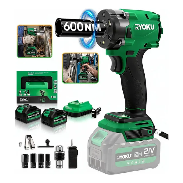 Chave De Impacto Brushless 600nm 21v Com 2 Baterias Ryoku Verde 127/220v