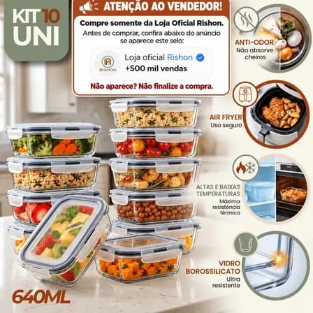 Kit 10 Potes Vidro Hermetico Vai Ao Forno Microondas 640ml Marmita Hermético Freezer Fitness Rishon