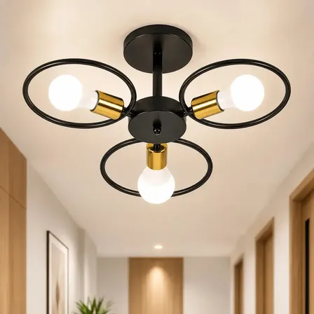 Plafon de Teto 3 Soquetes E27, Luminária de Teto Sobrepor Moderna, Lustre Preto e Dourado, Sem Lâmpadas, Bivolt 127V/220V, para Sala, Quarto, Corredor, Hall e Escritório, Tieesa