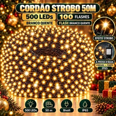Strobo Pisca Pisca Cordão Natal 500 Leds 50m Prova D'Água Bivolt Branco Quente 100 Flash Branco Quente Decoração Enfeite Natal LuvinCo