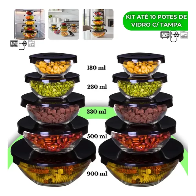 Kit 10 Potes De Vidro Hermético Com Tampa Tigela Redondo Freezer Micro-ondas Marmita Ideal para Alimentos e Refeições VYROX
