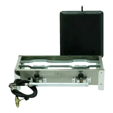 Fogão Fogareiro Inox 2 Bocas Chapa Kit Gás Camping Portátil