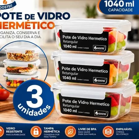 Kit 3 Potes De Vidro Hermetíco 1040ml Marmita Forno Refratário Gostei!