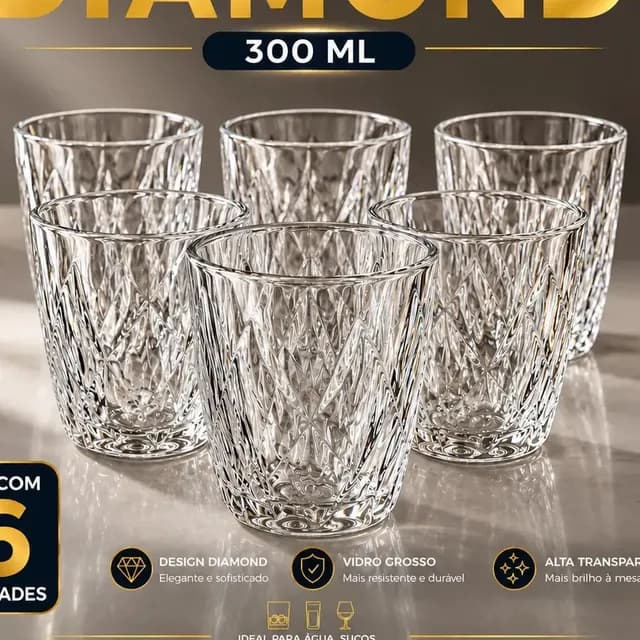 Jogo 6 Copos 300ML Grande Vidro Grosso Diamond Resistente Transparente Kit para Drink Água Suco Refrigerante Bar Restaurante Diamante