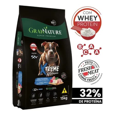 Ração Whey Protein Grannature Xtreme Alta Performance 32% Proteína Para Cães Filhote Raças Médio E Grande Porte, Alimento Seco Sabor Frango Super Premium Com Bcaa Sem Corantes Saúde Articular 15kg