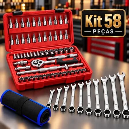 Kit Jogo De Ferramentas 58 Peças Completo Profissional com Catraca e Soquetes 46 Peças Com Maleta + 12 Chave Combinada Com Estojo Conserto Carro Moto Casa Oficina Kit Soquetes Com Catraca Hardline