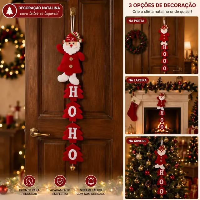 Guirlanda Papai Noel Ho Ho Ho Enfeite de Porta em Feltro Decoração Natalina Pendente com Sino Dourado Natal Casa Sala Lareira Presente Fim de Ano