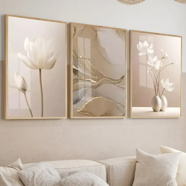 Quadros Decorativos Abstrato Flores Bege Boho Moldura Vidro Bege