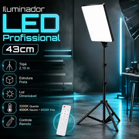 Iluminador Led Quadrado Profissional 53cm Com Tripé 2,10m Estrutura Preta Luz Branco Quente Branco Frio Controle Remoto