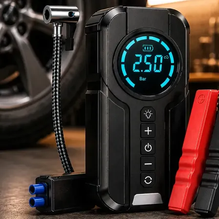 Auxiliar de Partida Carregador Bateria e Compressor de Ar Portátil 6 em 1 Inteligente para Carro, Moto e Bicicleta com Lanterna e Power Bank