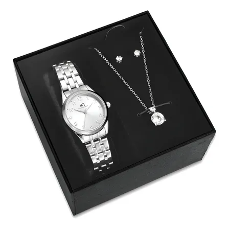 Kit Relógio Colar E Brincos Ponto De Luz Feminino Luxo Silver Saint Germain Presente Original Joias Prata Elegante Clássico 28mm