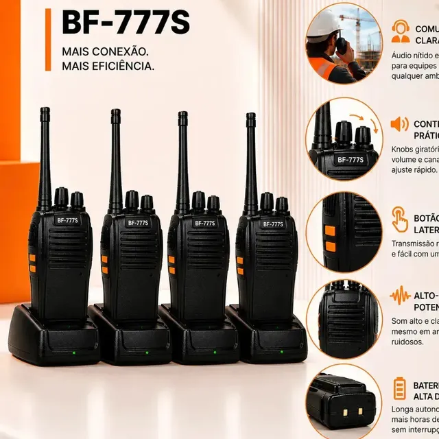 Kit 4 Rádios Comunicadores Baofeng Bf-777s Alta Performance Walkie Talkie Profissional Esportivo Sem Fio Alta Segurança Comunicação Show Eventos 400 ~ 470mhz 16ch Ht Walk Talk Raytechno