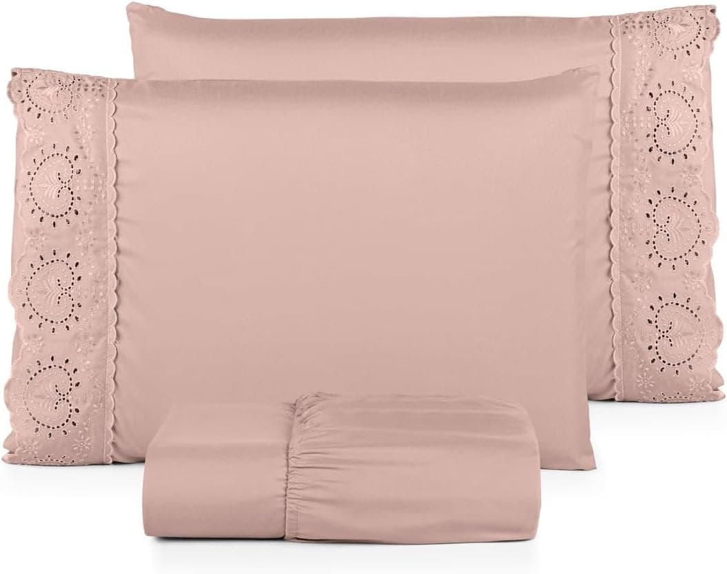 Jogo de Lençol Cama Roupa de Cama Percal 400 Fios Lese Bordado Inglês Premium Extra Macio Charme (Rosê, Casal 03 Peças)