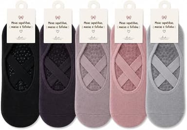 Kit Pares Meias Sapatilha Antiderrapante para Pilates e Yoga, Malha, Cores Sortidas e preta