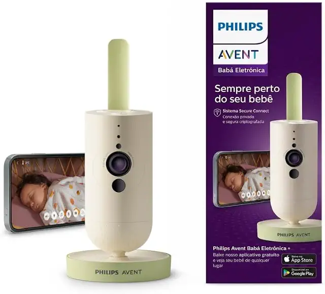 Babá Eletrônica Philips Avent Full HD de 1080p, Visão Noturna, Sons de Ninar, Função Talkback (Fale e ouça seu bebê), Conexão Privada, Termômetro de Ambiente e App Baby Monitor+