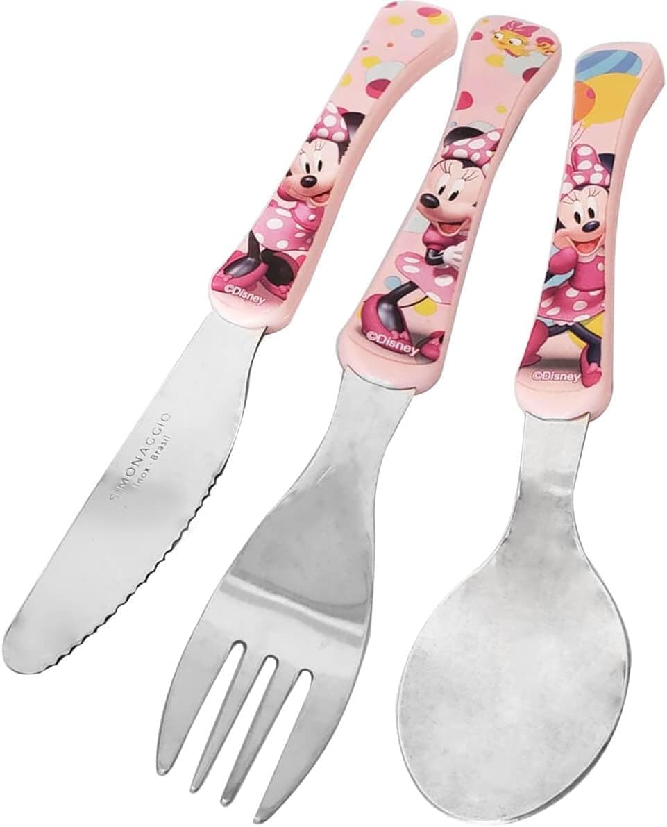 Conjunto de Talheres Minnie Rosa 3 Peças Garfo Faca Colher Inox Disney Infantil Simonaggio