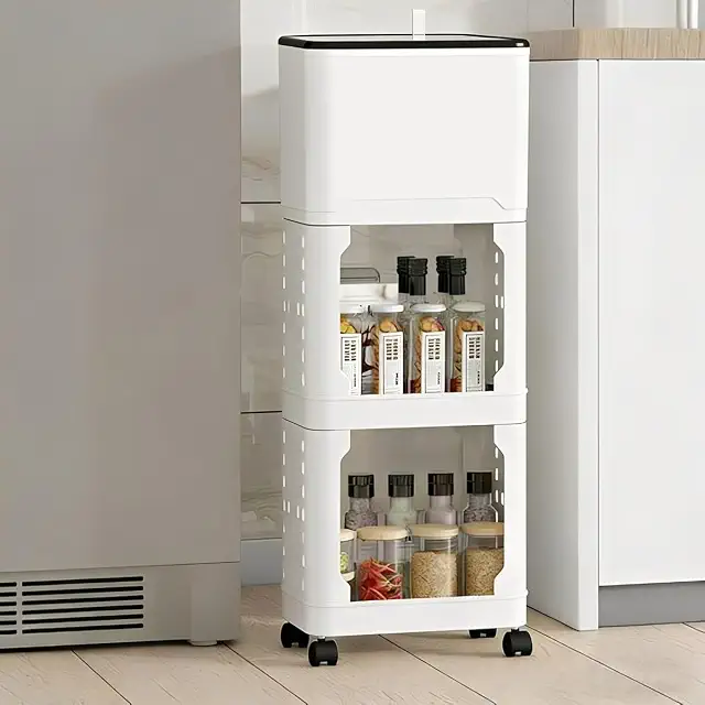 Lixeira de Cozinha Alta com Rodízios e Prateleiras - Cesto 9L com Tampa Deslizante - Organizador Estreito em PP - Design Ergonômico para Cantos e Frestas - Inclui Ganchos e Sacos de Lixo (Branco)