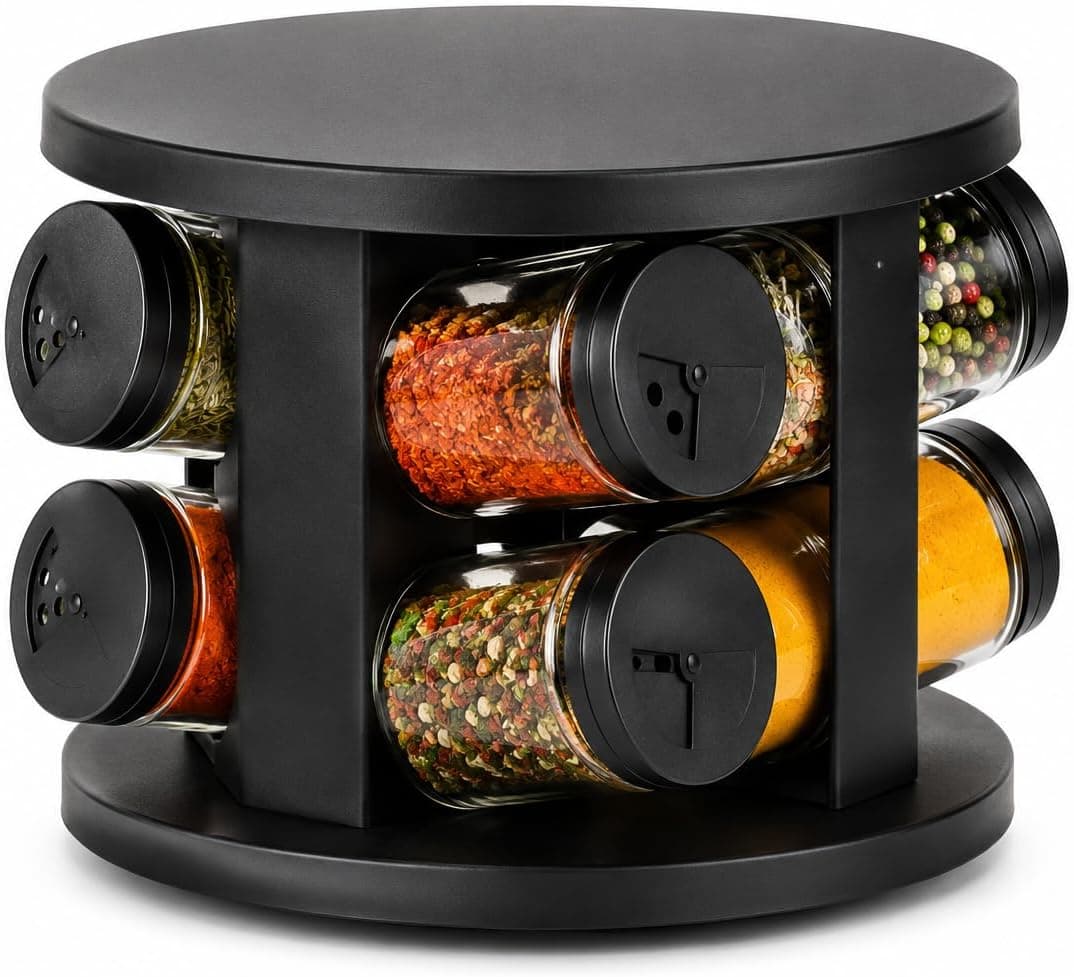 Porta Temperos Giratório 360° com 6 Potes de Vidro, Tampa Preta, Base Giratória, Organizador de Cozinha (Modelo 2)