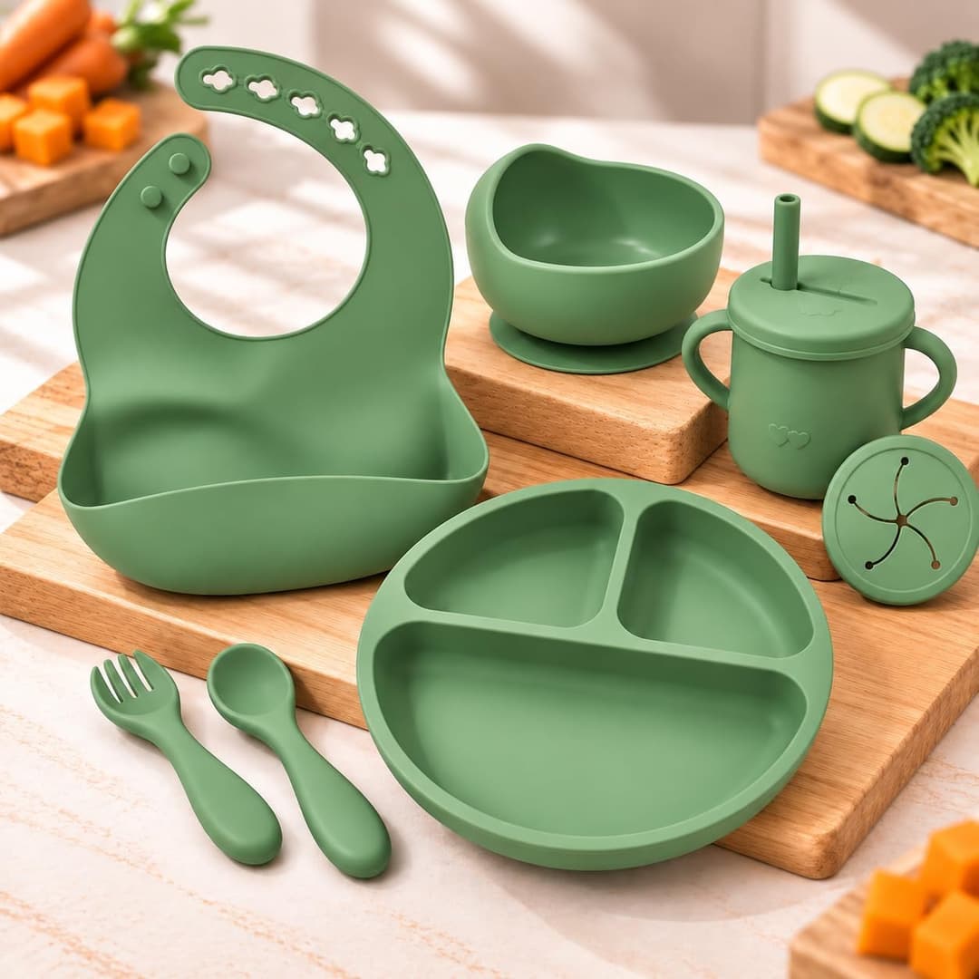 Kit Alimentação Bebê de Silicone com Babador Bowl Prato Copo Talheres | Próprio para Microondas, Lava-Louças, Geladeira 