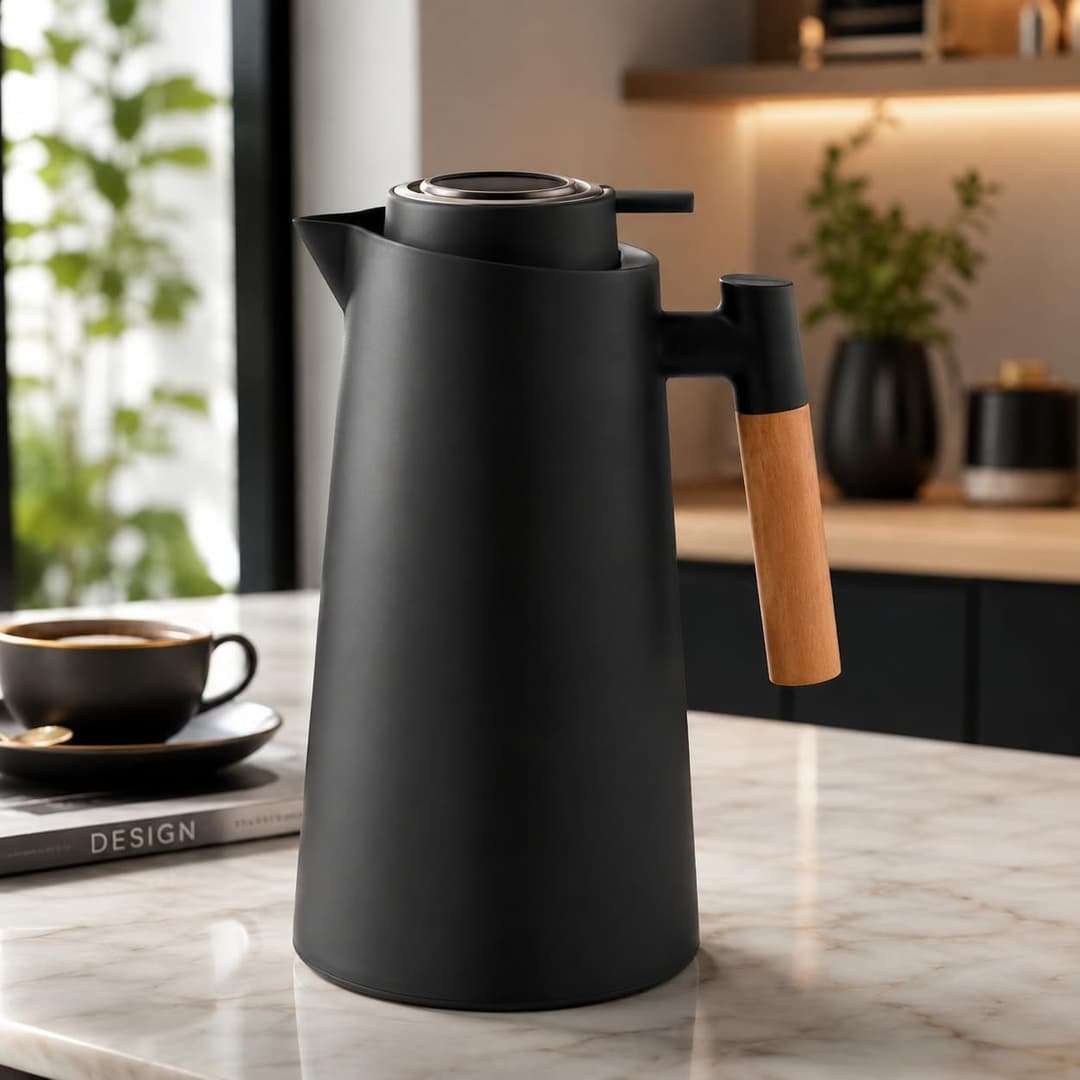 Garrafa Térmica 1L Escandinávia Nude com Cabo de Madeira | Design Minimalista Premium | Conserva Bebidas Quentes e Frias | Mesa Posta Elegante para Café e Chá