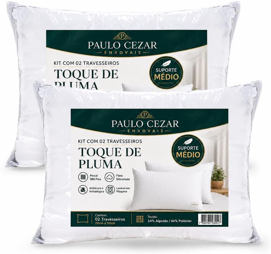 Kit 02 Travesseiro Toque de Pluma Premium Percal Antialérgico 50x70cm Hotel