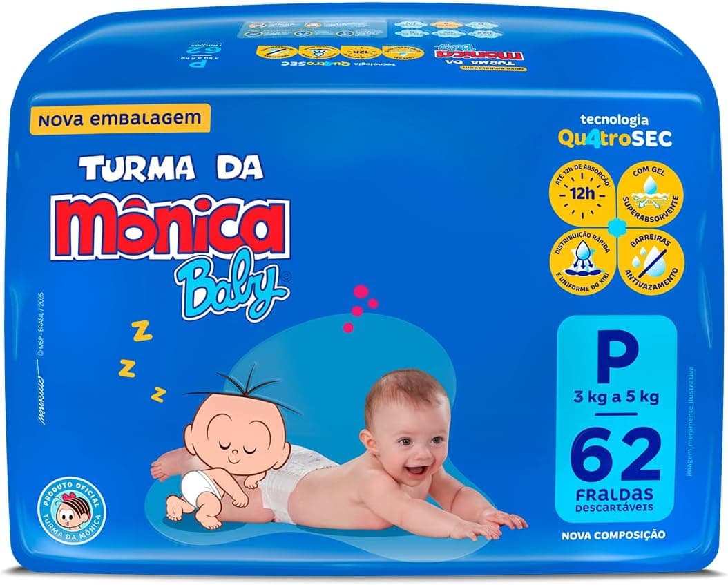 Fralda Turma da Mônica Baby P, 62 Unidades