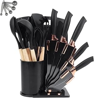 Kit 19 Utensílios De Cozinha Com Cabo De Madeira E Silicone (Preto)