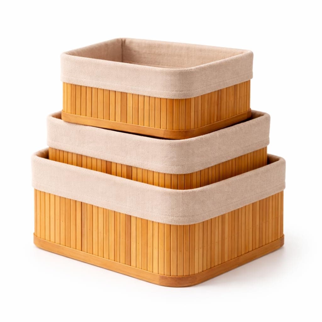 Kit 3 Cestos Organizadores de Bambu com Forro Interno – Cestas Organizadoras Decorativas Multiuso Banheiro, Armário, Lavanderia e Cozinha – Organizadores Naturais Elegantes Pia, Maquiagem e Objetos