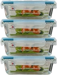 House Organizer Conjunto 4 Potes de Vidro Retangular com Tampa Hermética 640ml Cor:Azul