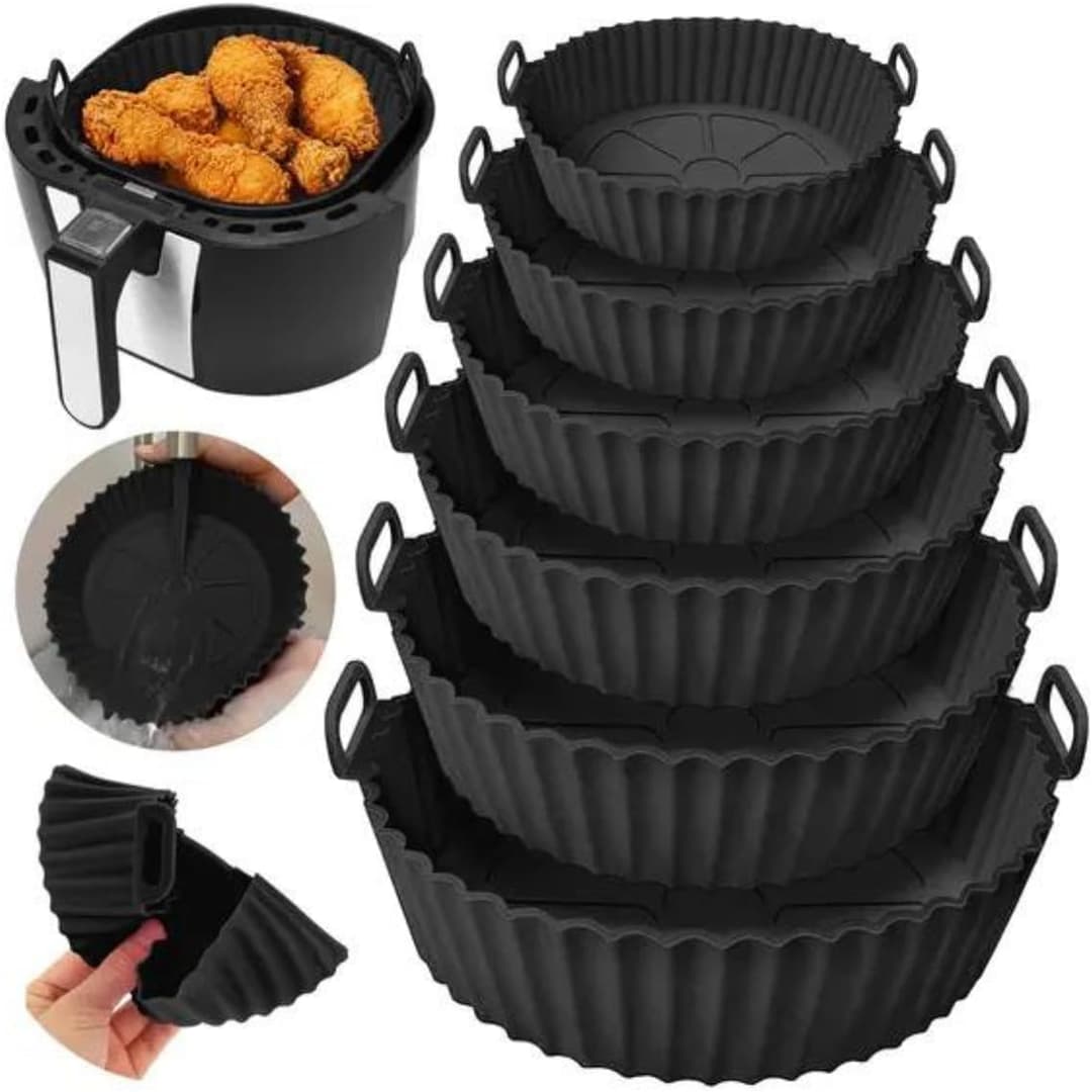 Kit Com 6 Formas De Silicone Para Air Fryer Reutilizável Cesta Redonda Fritadeira Eletrica Universal Para Todos Os Modelos Antiaderente Com Alça Para Forno E Microondas