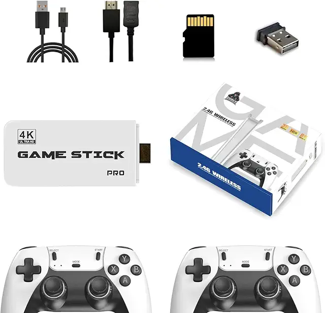 Game Stick Retrô 4K HDMI Plug and Play com 20.000+ Jogos, 9 Emuladores, 2 Controles Sem Fio 2.4GHz, Console Portátil para TV com Cartão TF 64GB, Branco