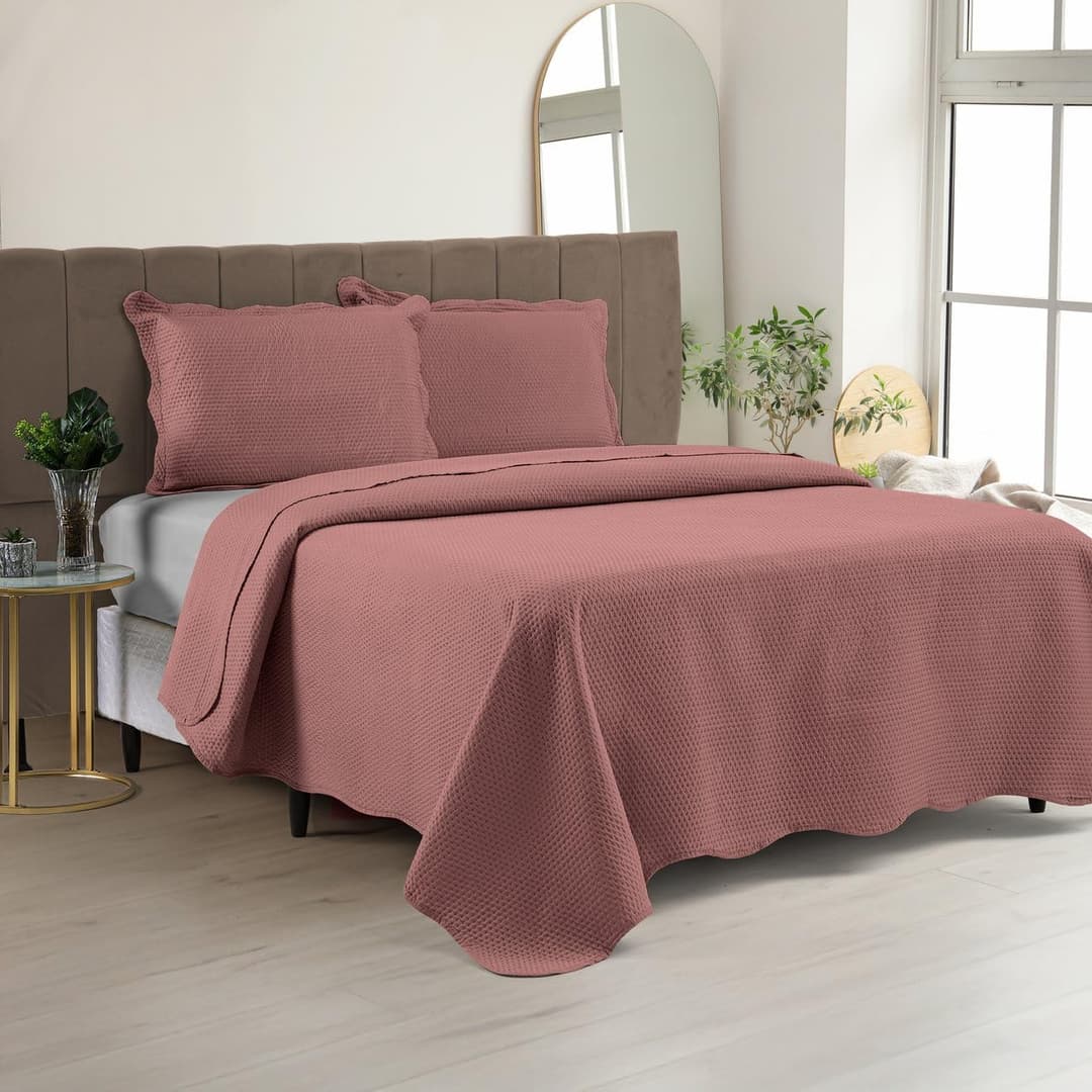 Cobre Leito Colcha Casal Queen Dupla Face com Toque Macio 200 Fios Ultrasonic 03 Peças Bulet (Rosê)