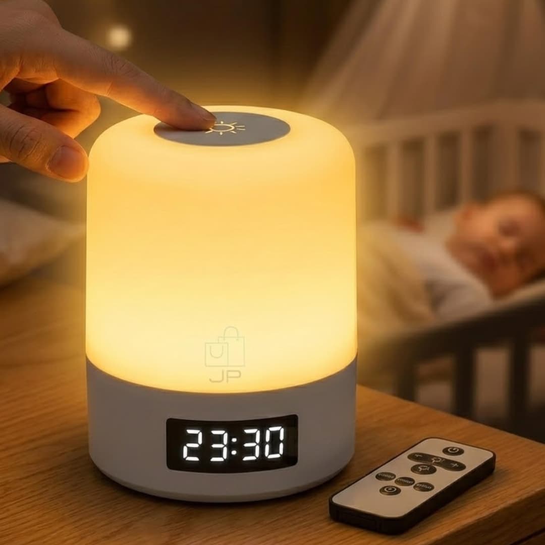 Luminária de Mesa LED Recarregável com Relógio Digital e Controle Remoto, Abajur Touch Ajustavel Sem Fio Portátil, Luz Noturna para Quarto Infantil, Berçário Escritório e Criado mudo