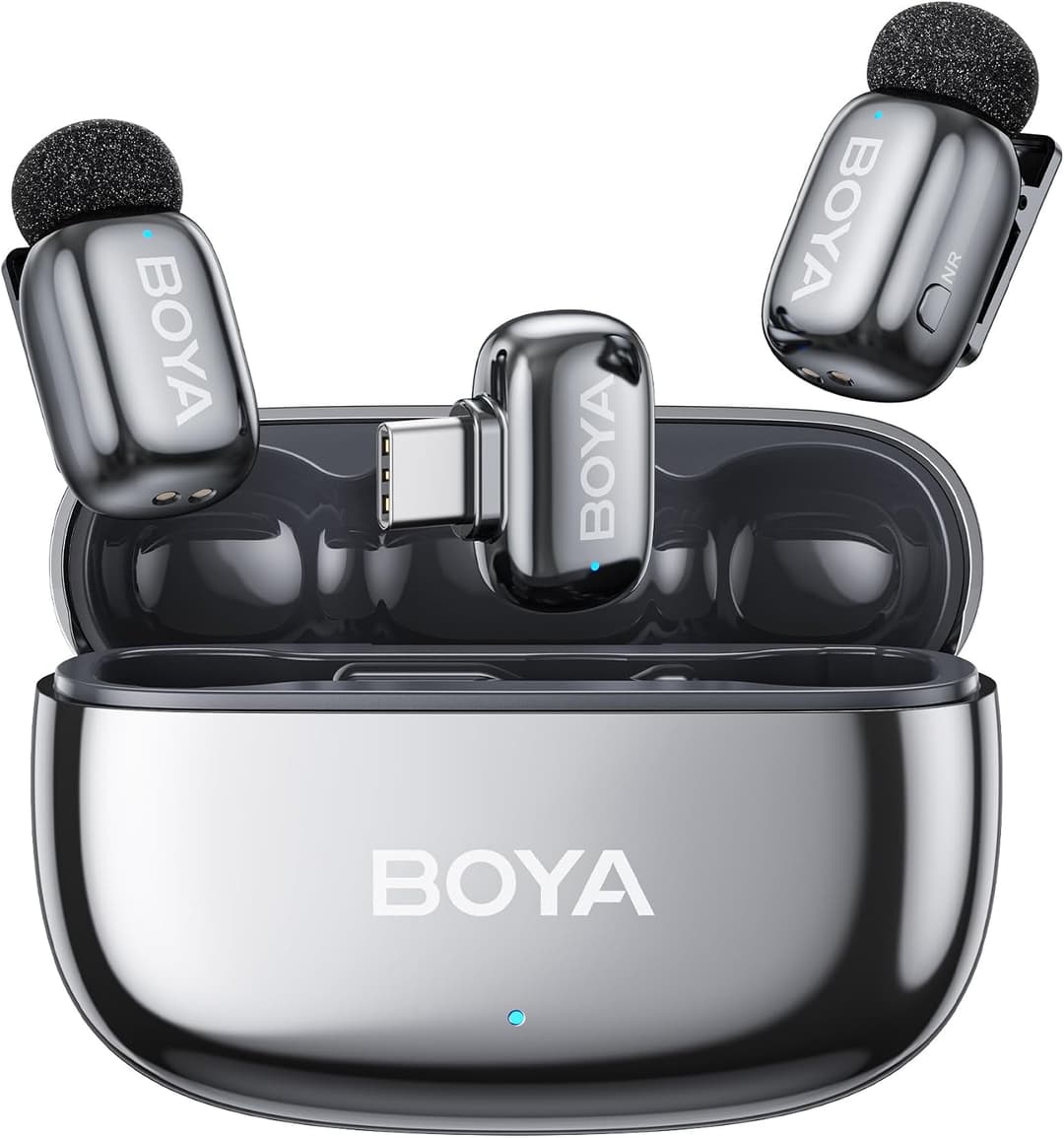 BOYA Mini 2 microfone de lapela sem fio para iPhone 15/16/17 e Android, cancelamento de ruído AI, controle de aplicativo, vida útil da bateria 30H com capa de carregamento, microfone de lapela sem fio