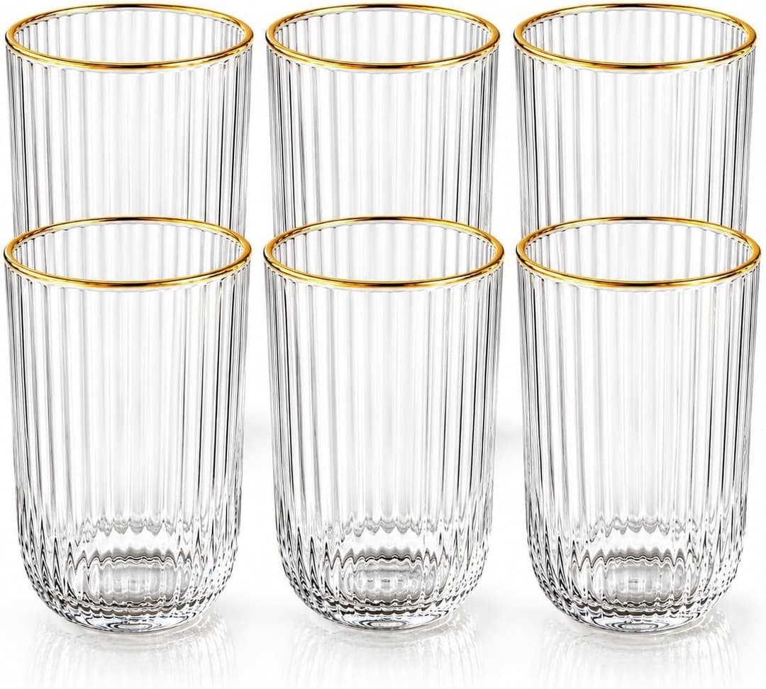Jogo de Copos Canelados Premium 6 Unidades 420ml em Vidro com Borda Dourada Elegantes e Resistentes para Água Suco Drinks Refrigerante Whisky Cozinha Bar