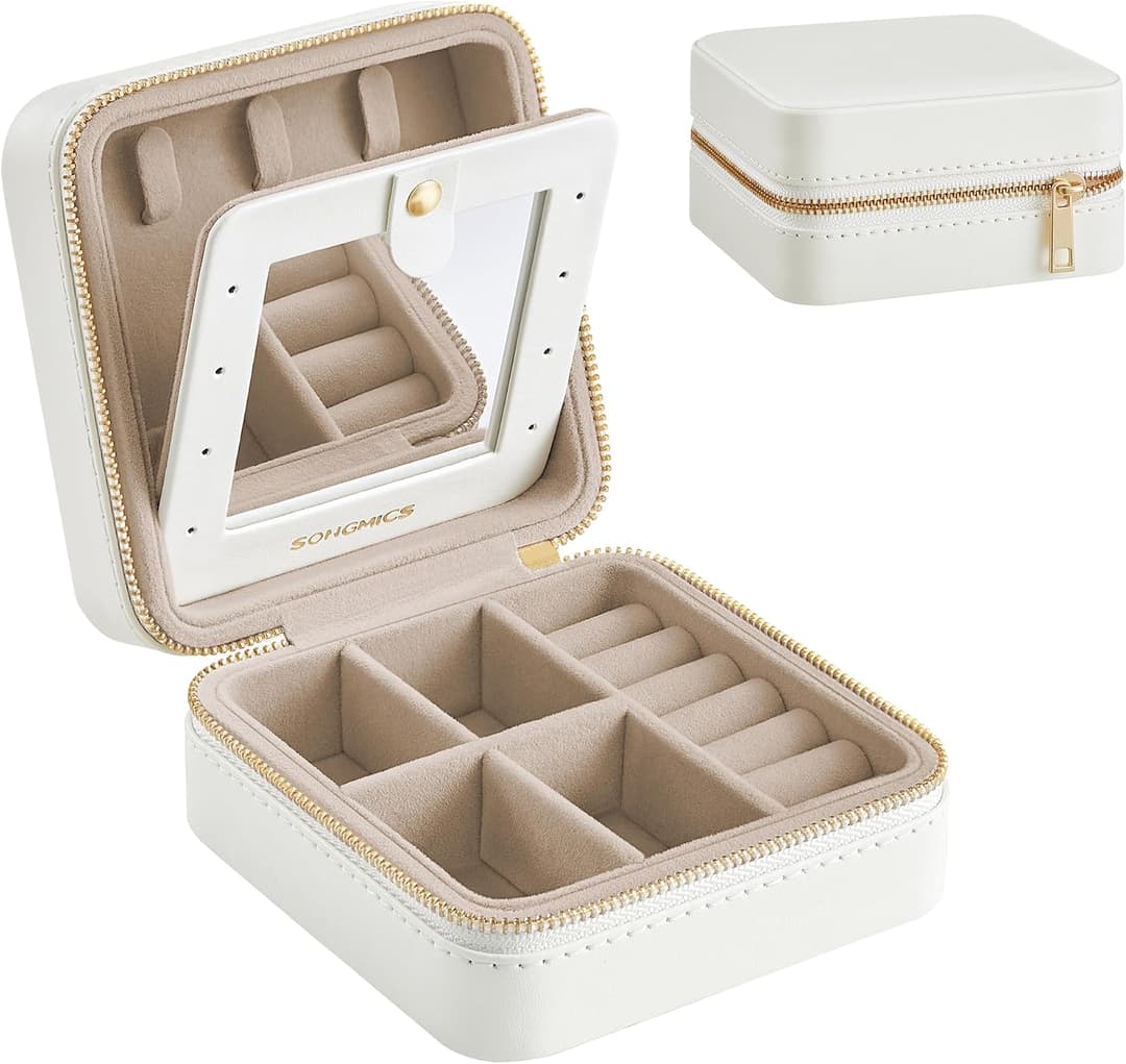 SONGMICS Caixa de Joias de Viagem 11,4 x 11,4 x 5,5 cm com Espelho Interno, Estojo de Joias em Couro PU para Mulheres, O