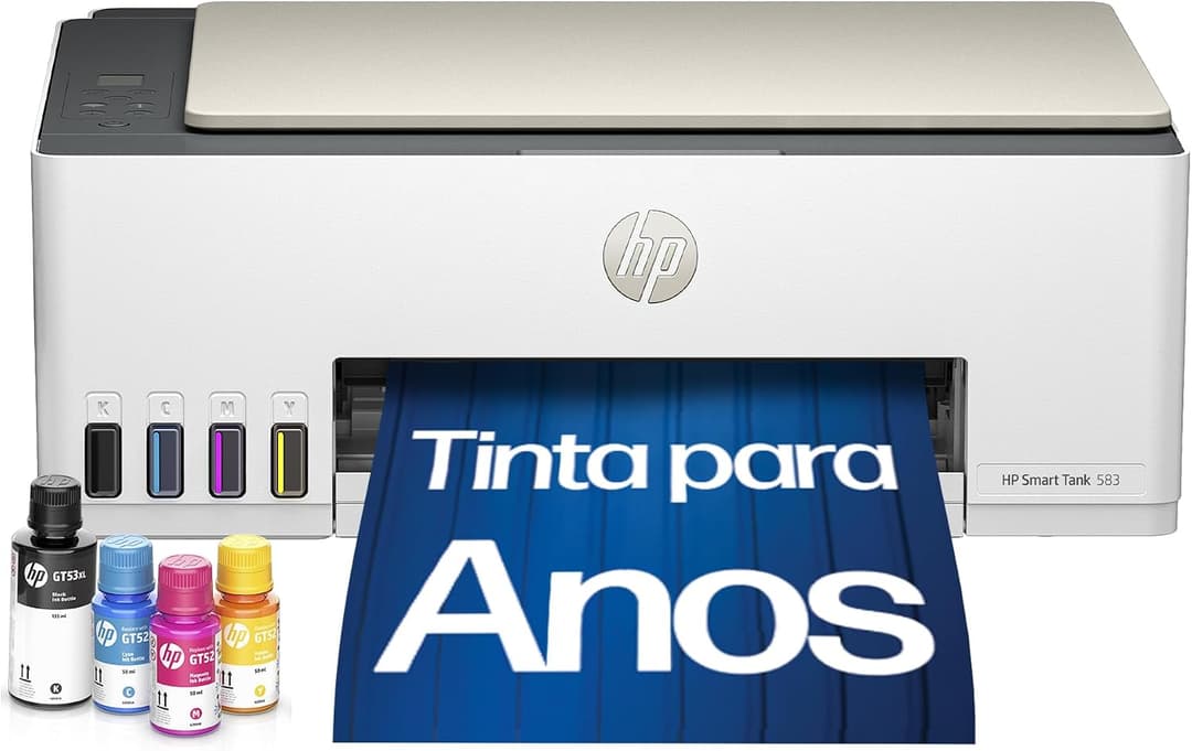 Impressora Multifuncional HP Smart Tank 583 Tanque de Tinta Colorida Wi-Fi com autorreparo, USB - Impressora, Copiadora e Scanner Cor: ‎Branco (4A8D8A)