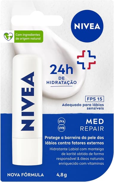 NIVEA Protetor Labial Med Repair FPS15 4,8g, Hidratação Intensa 24h, Alívio Imediato, Protege a Barreira da Pele, Cuidado Diário, Manteiga de Karité, Lábios Sensíveis