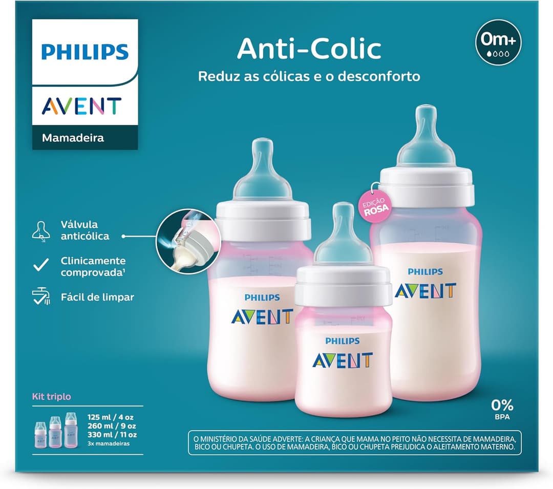 Kit Triplo Mamadeira Anti-Colic Philips Avent SCY119/19 125ml + 260ml + 330ml Rosa