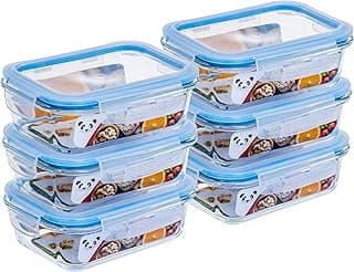 Gato Panda Kit 6 Potes de Vidro Hermético 640ml Borossilicato com Tampa 4 Travas – Recipiente Retangular para Marmita, Mic...