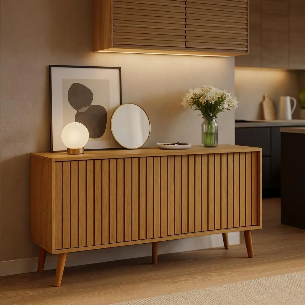 Aparador Buffet Trancoso Porta De Correr Ripada Tampo Em Mdf Nature Ripado 160cm - Modular Casa Decoração