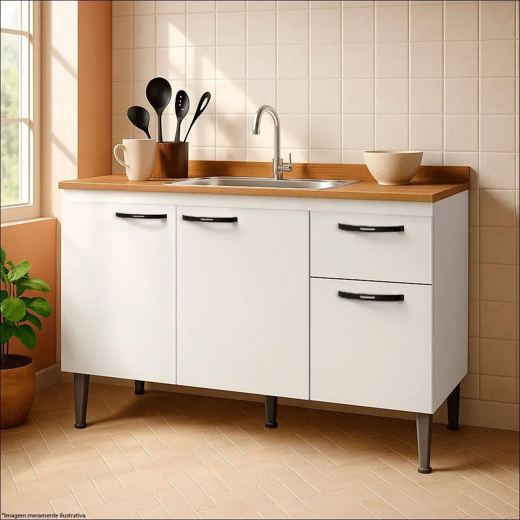 Balcão De Pia 120cm Cozinha Multiuso Casa Serviço Móveis 3 Portas 1 Gaveta sem Tampo - IRM MOVEIS