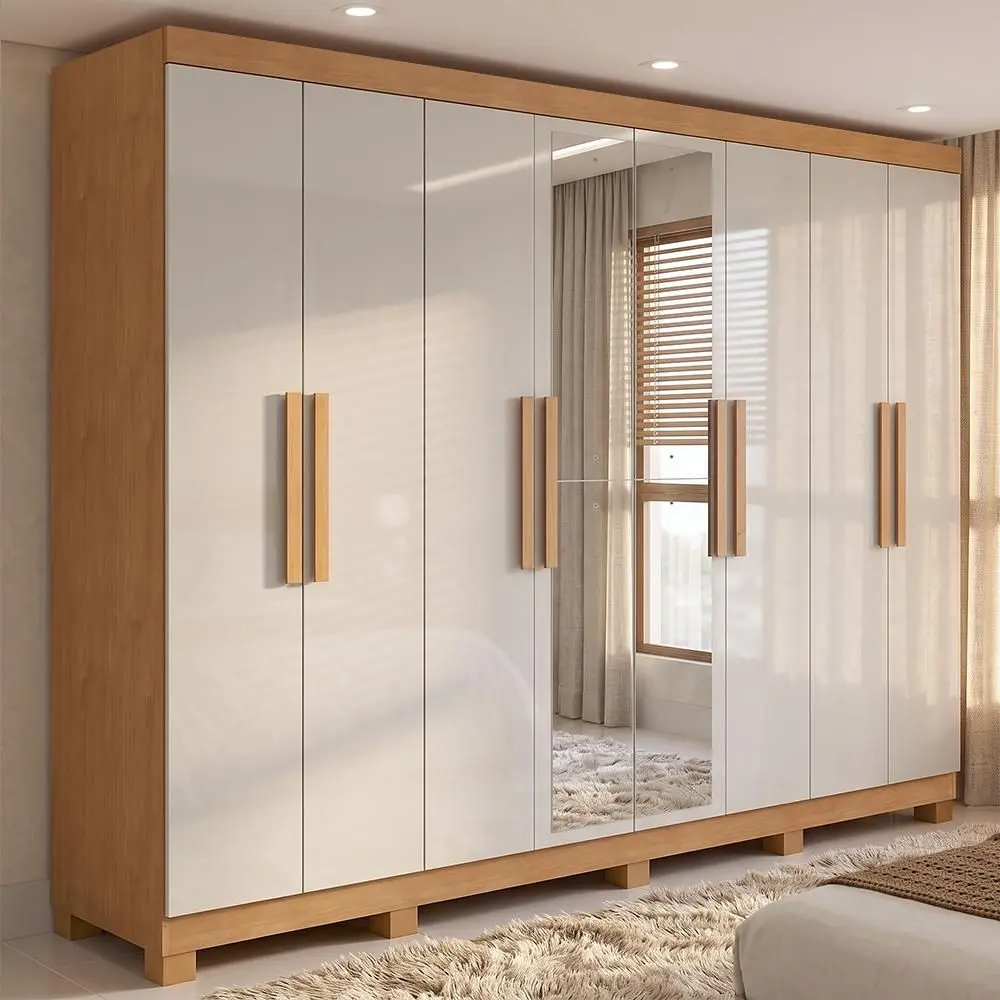 Guarda-roupa Casal Easy Slim 8 Portas Com Espelho e Pés Amendoa Clean/Off White - Móveis Lopas