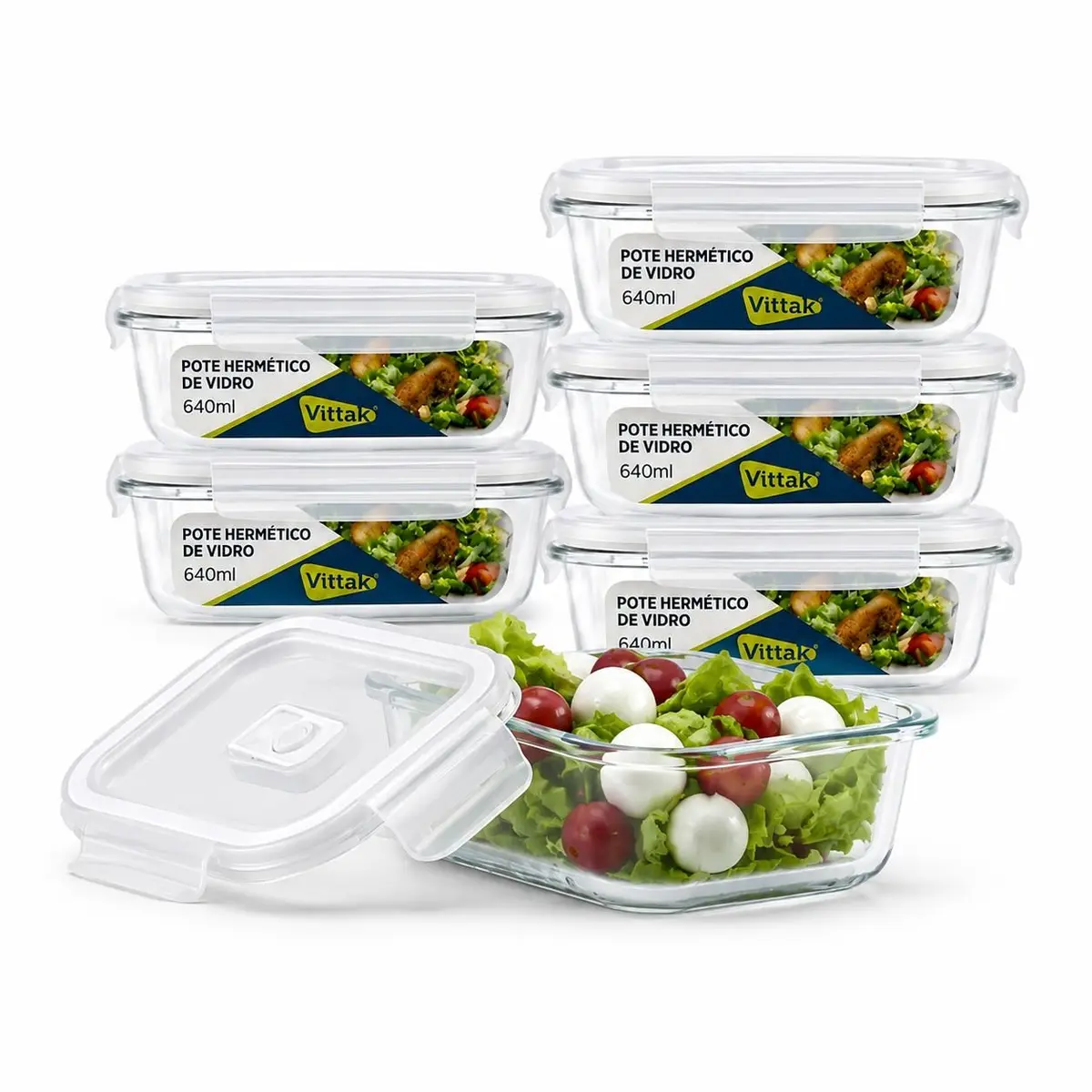 Jogo De Potes De Vidro Hermético Marmita 640ml Tampa com Válvula e Travas Borossilicato para Microondas e Freezer - Vittak