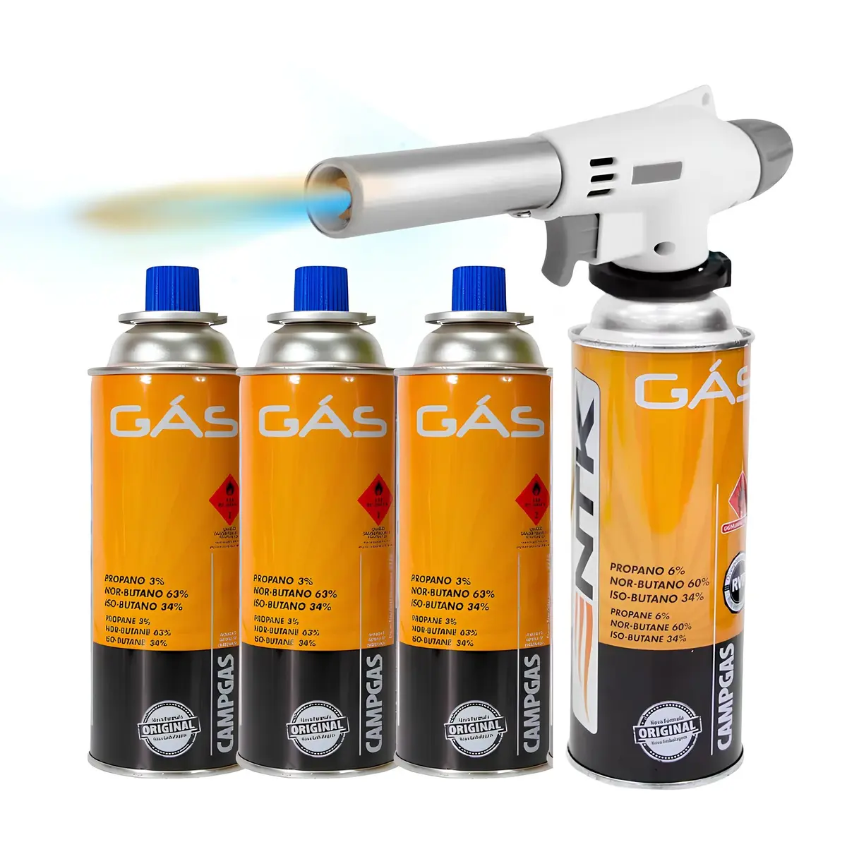 Kit C/4 Refil Gás Butano + 1 Maçarico Profissional Regulagem Gourmet - CAMPGAS NAUTIKA